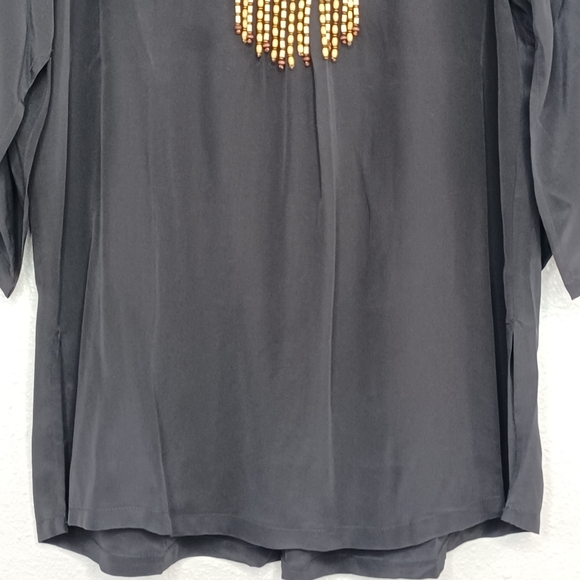 Bob Mackie 100% Silk Wooden Beaded Embellished Neck Aztec Boho XS Blouse - Picture 4 of 13